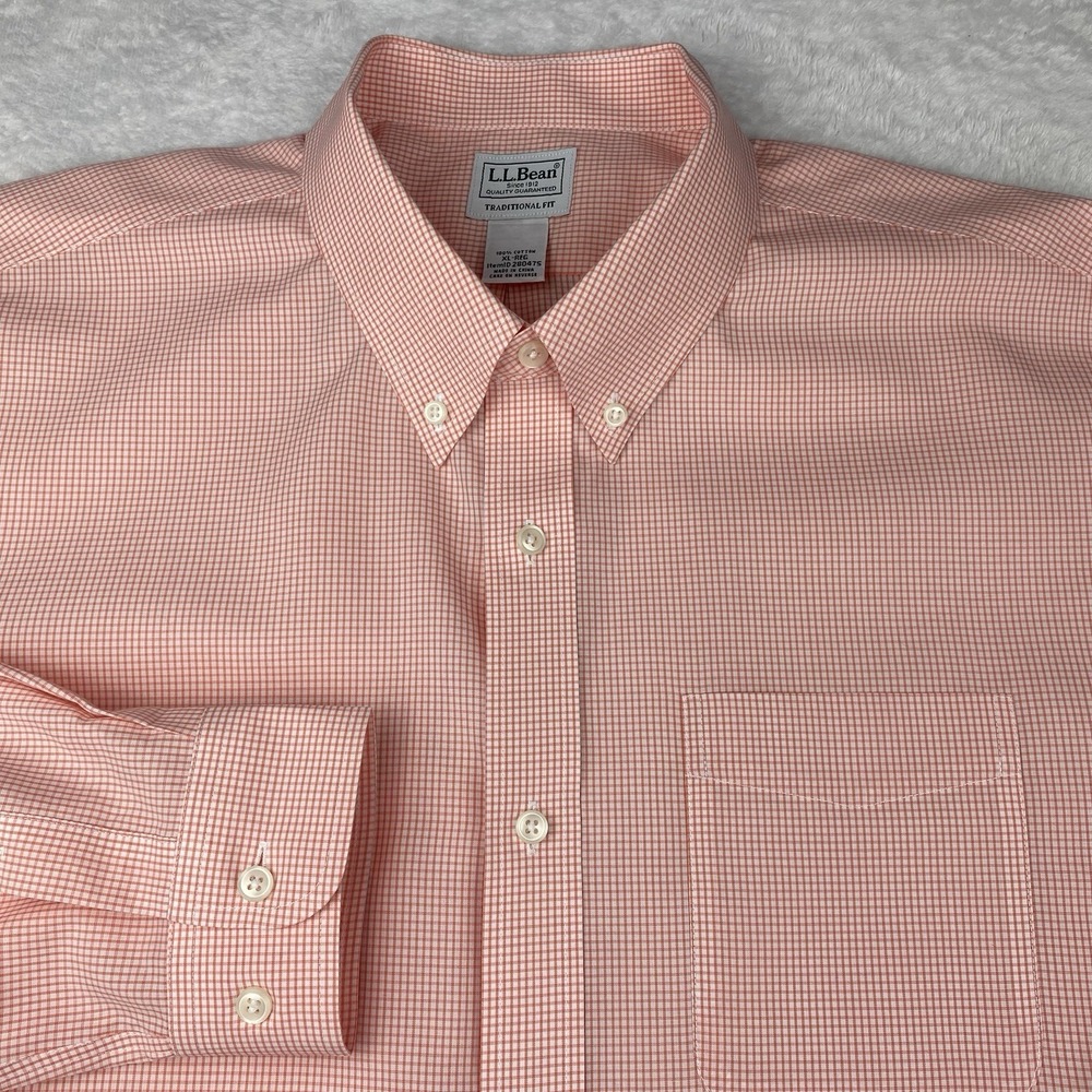 L.L. Bean Dress Shirt Mens XL Peach Pink /White Checks Traditional Fit